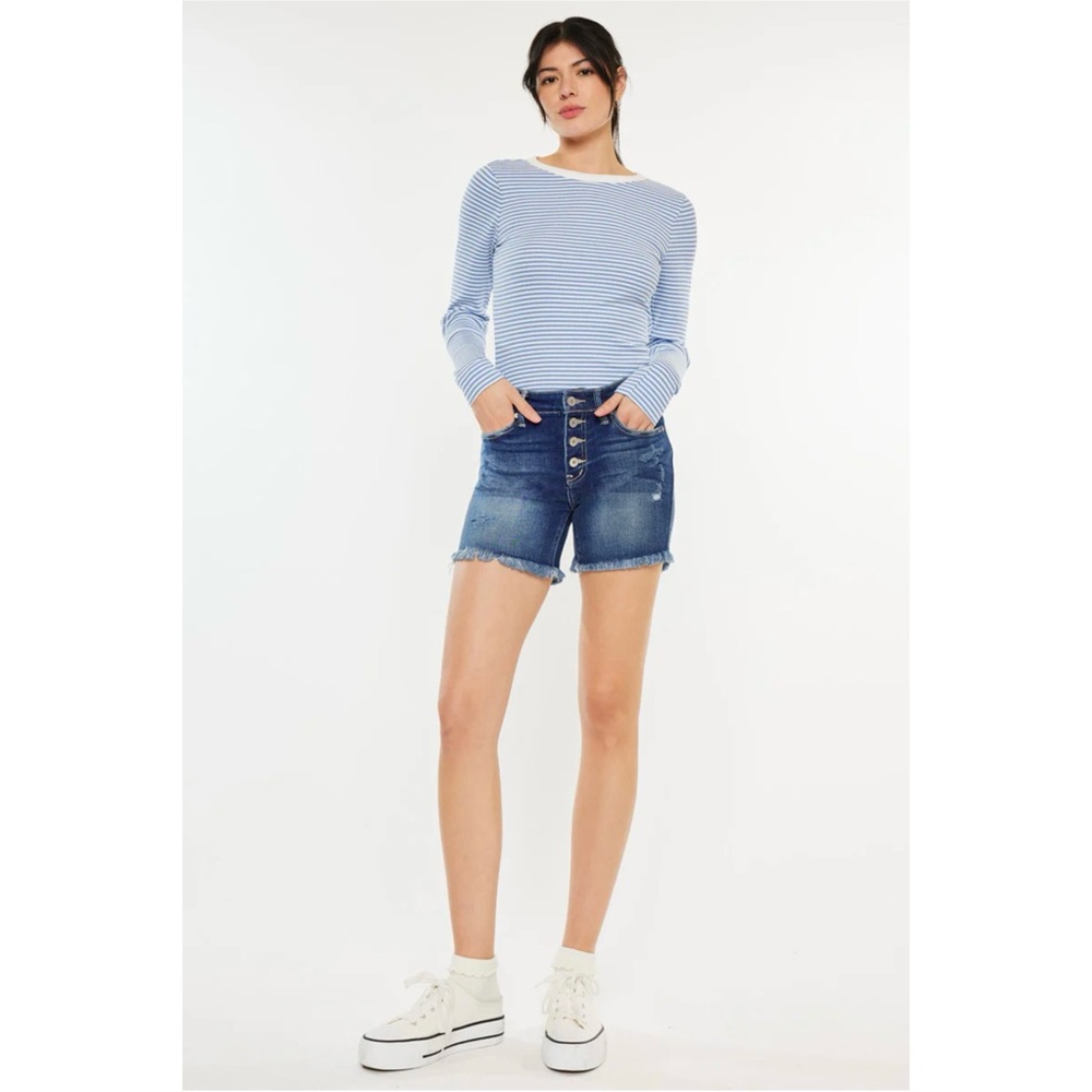 Kancan Justine Mid Rise Denim Jean Short KC7334D Button Fly Dark Wash Raw Hem XS